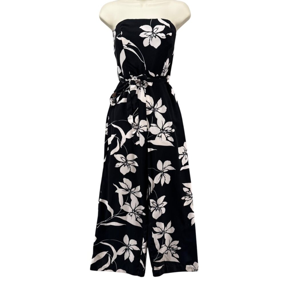 Willow Ryan Strapless Wide Leg Jumpsuit Womens Black White Floral Belted Size S